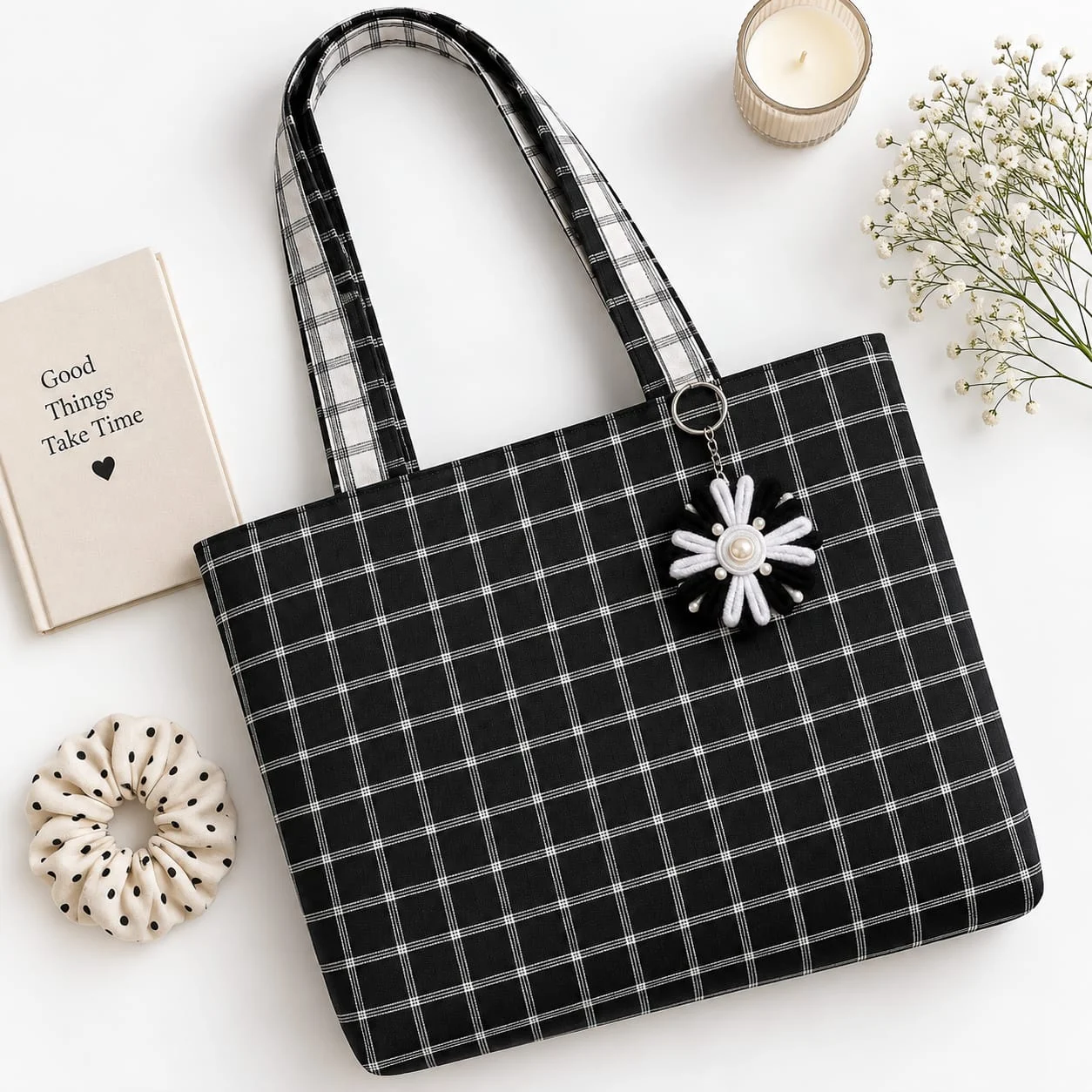 Black Check: black grid check with a white daisy charm