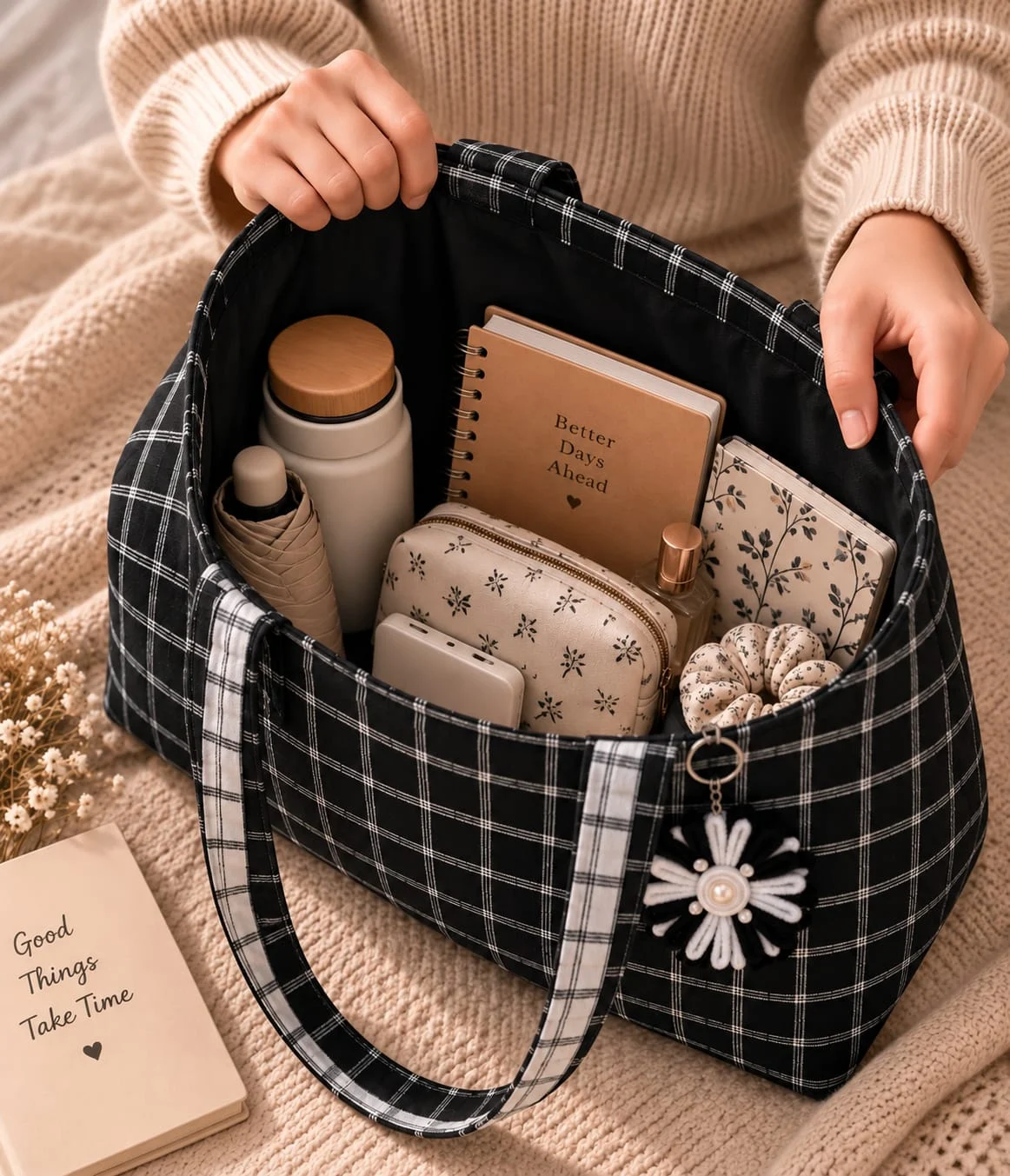 Black Check: black grid check with a white daisy charm (photo 4)