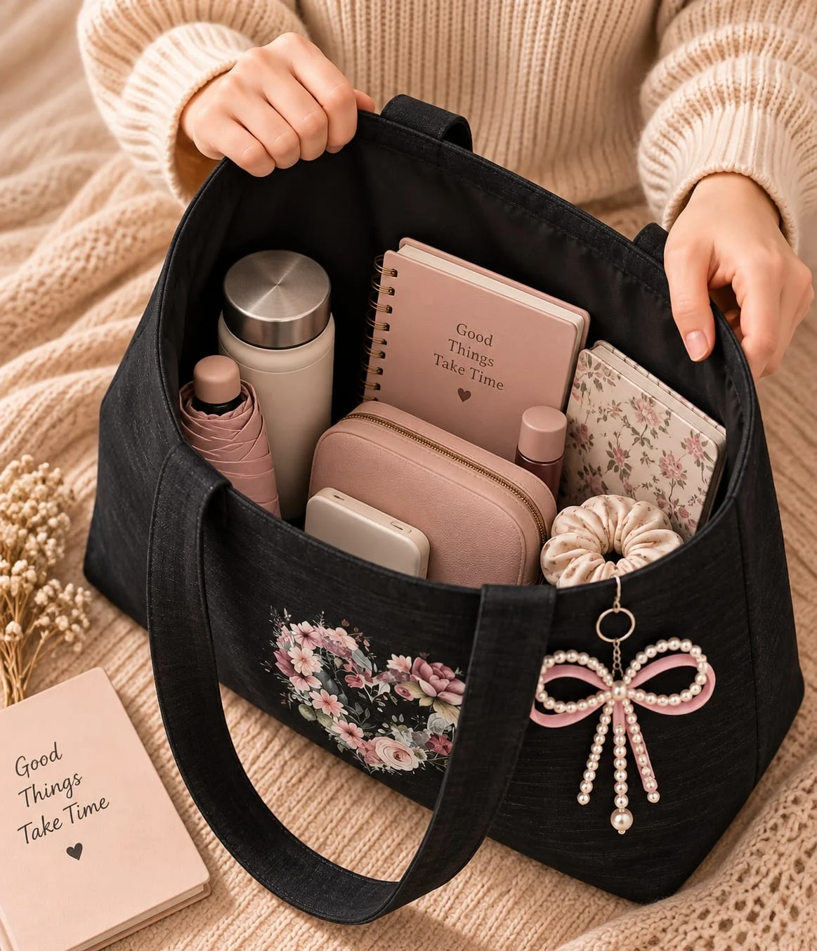 Embroidered Heart: black with an embroidered floral heart and a pearl bow (photo 3)