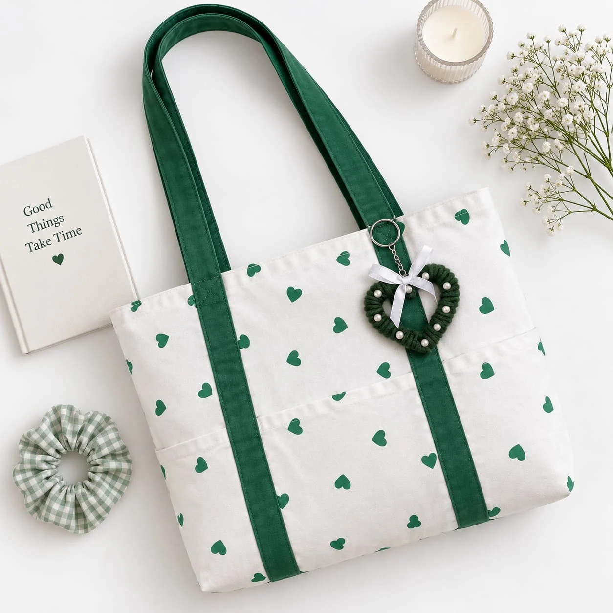 Green Hearts: tiny green hearts, bottle-green straps and a heart charm