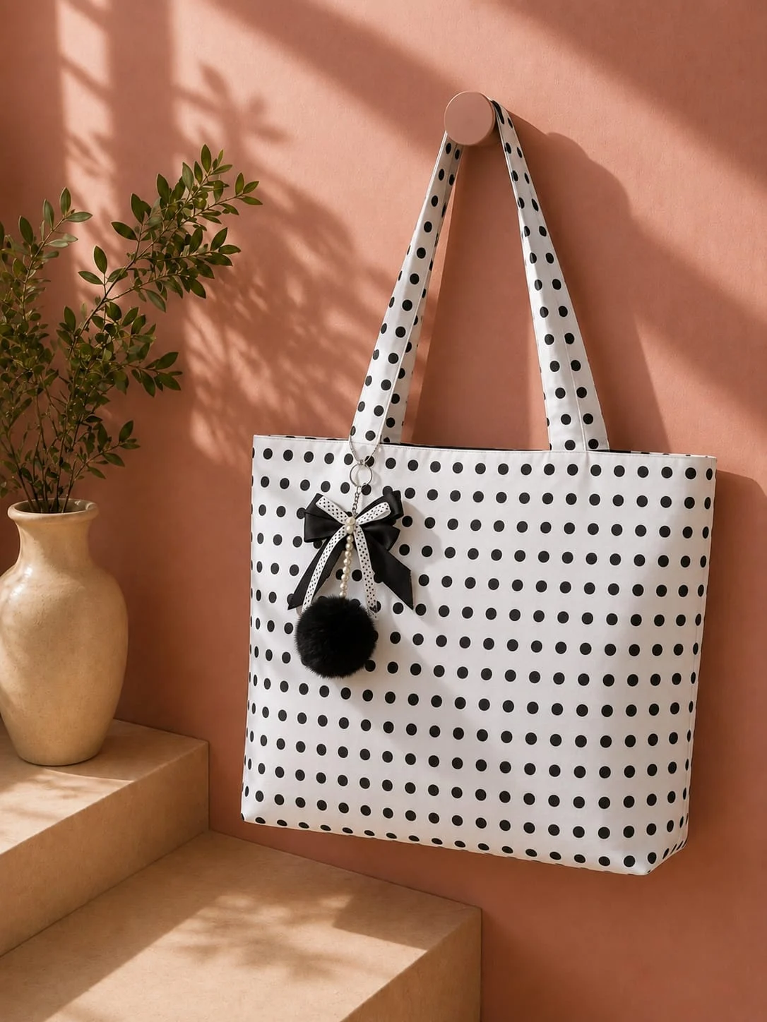 Polka Dot: black polka dots, a satin bow and a pompom