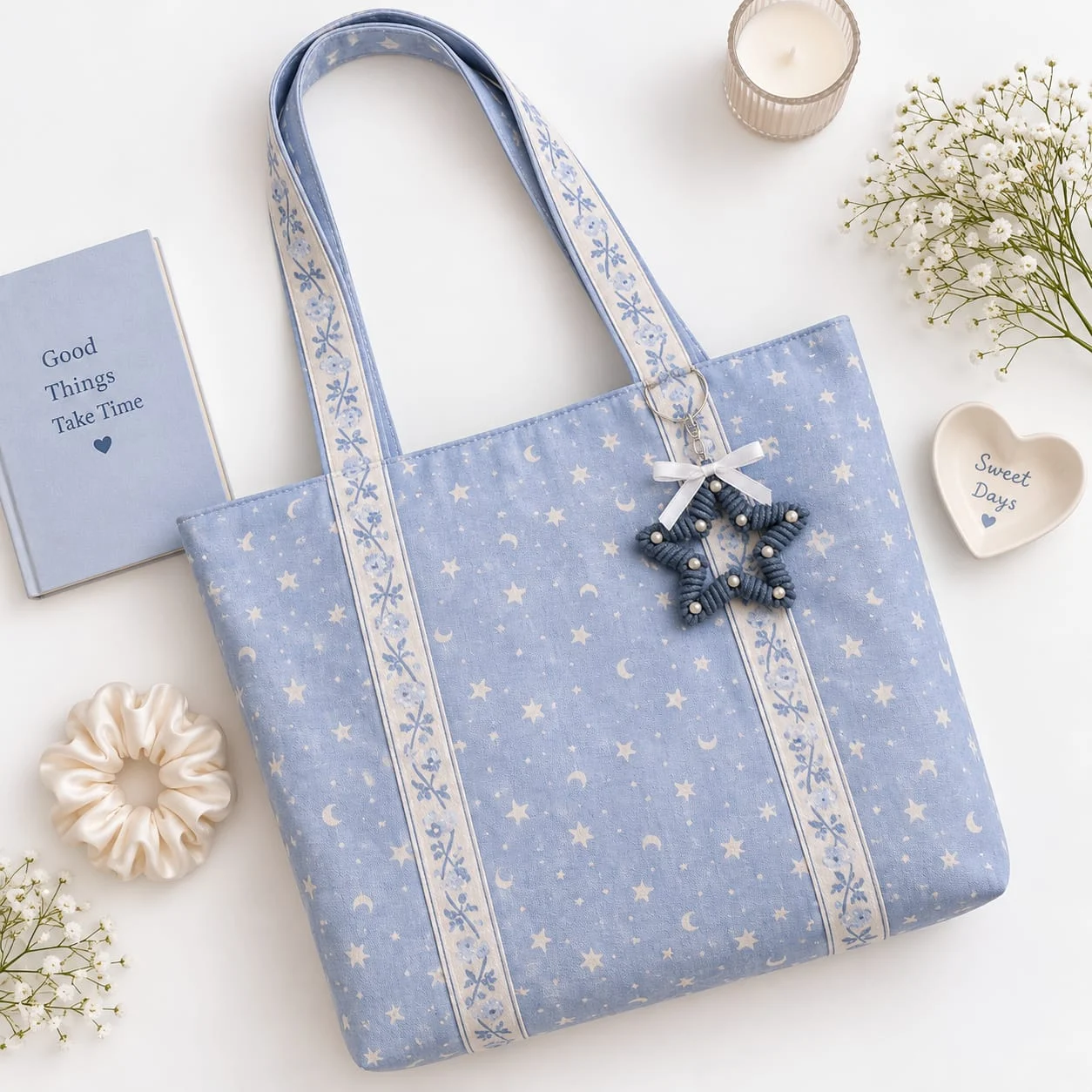 Sky Lace: powder blue with a lace ribbon stripe and a star charm