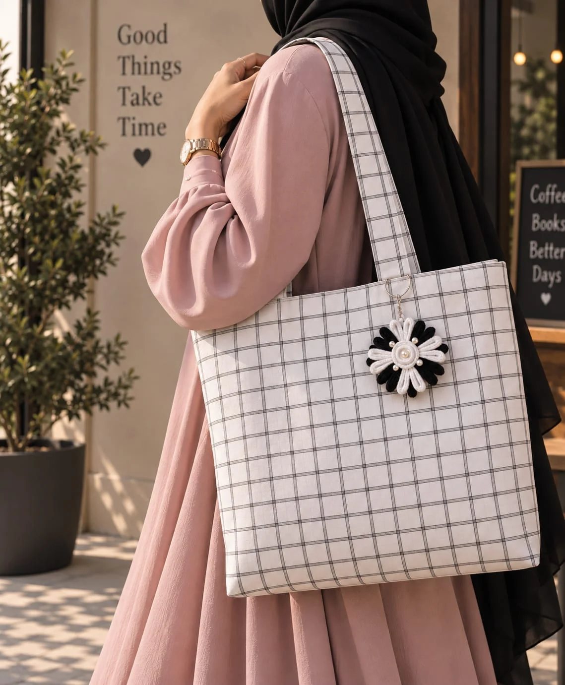 White Check: white grid check with a black daisy charm